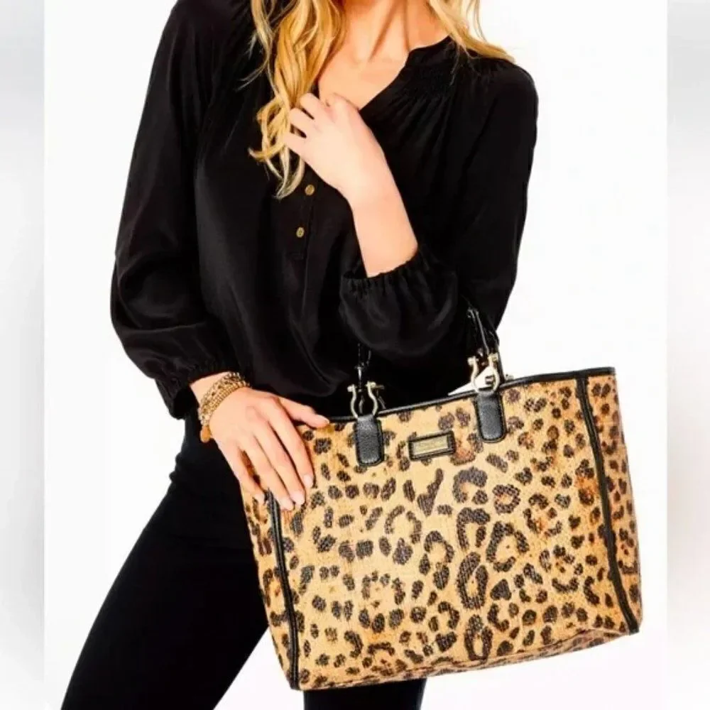 NWT Lilly Pulitzer Leopard Print Rattan Tote with Bamboo Handle